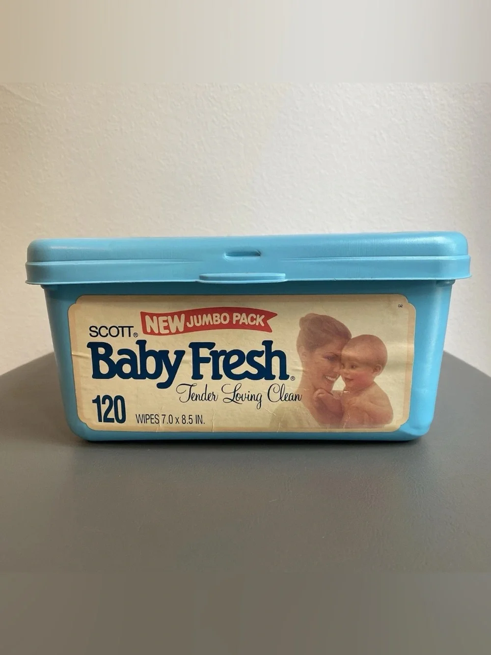 Vintage 1980s Scott Baby Fresh 120 Wipes Jumbo Pack Blue Plastic Container Prop